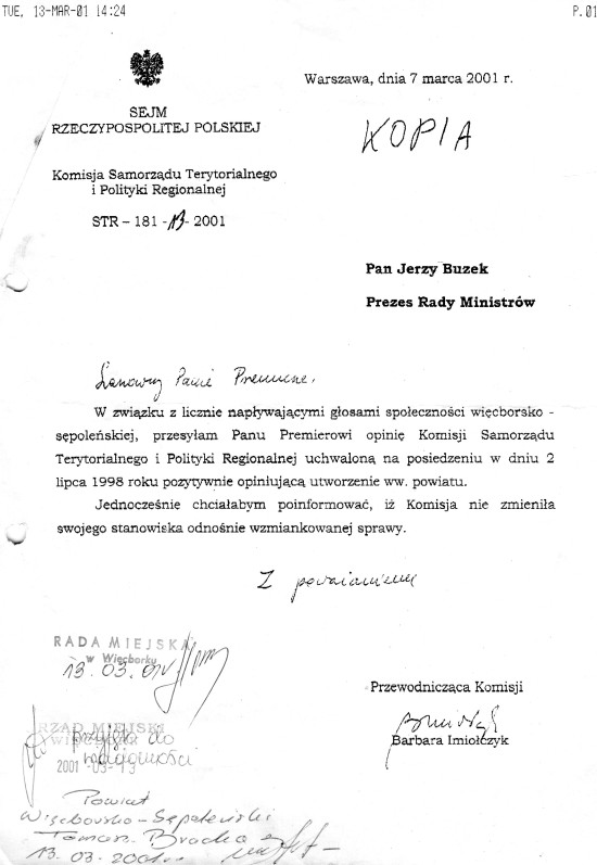 Mieszkańcy Więcborka zostaliście oszukani Sejm RP dawno powołał Powiat Więcborko - Sępoleński w 1993,1998 i 2001r. który blokuje rada i zarząd powiatu w Sępólnie kr