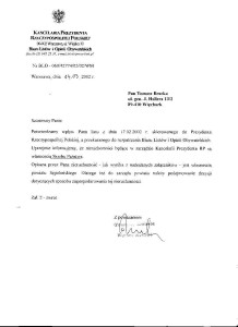 Pismo prezydenta w sprawie przejęcia rezydencji prezydenckiej w Więcborku. 
