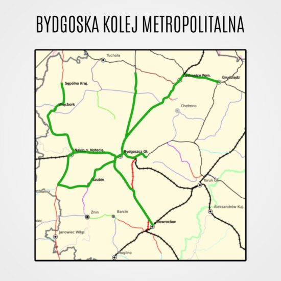 Mapa Bydgoskiej Kolei Metropolitarnej z uwzględnieniem LK 281 i stacją PKP Więcbork