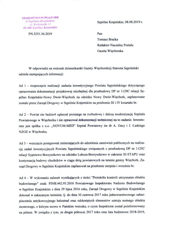 Starosta odpowiada gazecie więcborskiej w sprawie inwestycji drogowych w gminie Więcbork w 2019 r. - Tomasz Roman Bracka